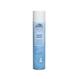 A tall, cylindrical can of snow spray, featuring a light blue design and festive illustrations.