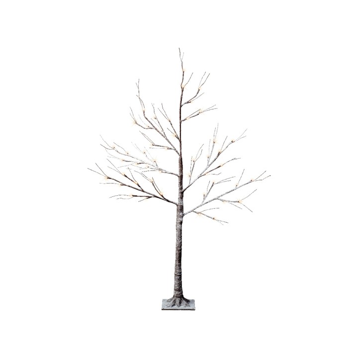 A bare, white tree with slender branches, set on a simple gray base.