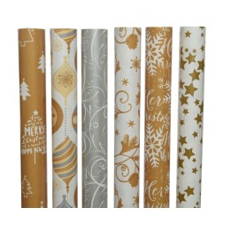 Six rolls of festive wrapping paper featuring gold, silver, and white holiday designs.