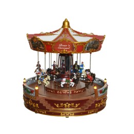 Kleurige draaimolen met versierde paarden en een gouden dak, sfeervol en nostalgisch.