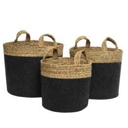 Three round baskets with black felt bodies and woven straw tops, featuring sturdy handles.