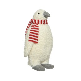 A soft, plush penguin with a striped red and white scarf and gray flippers.