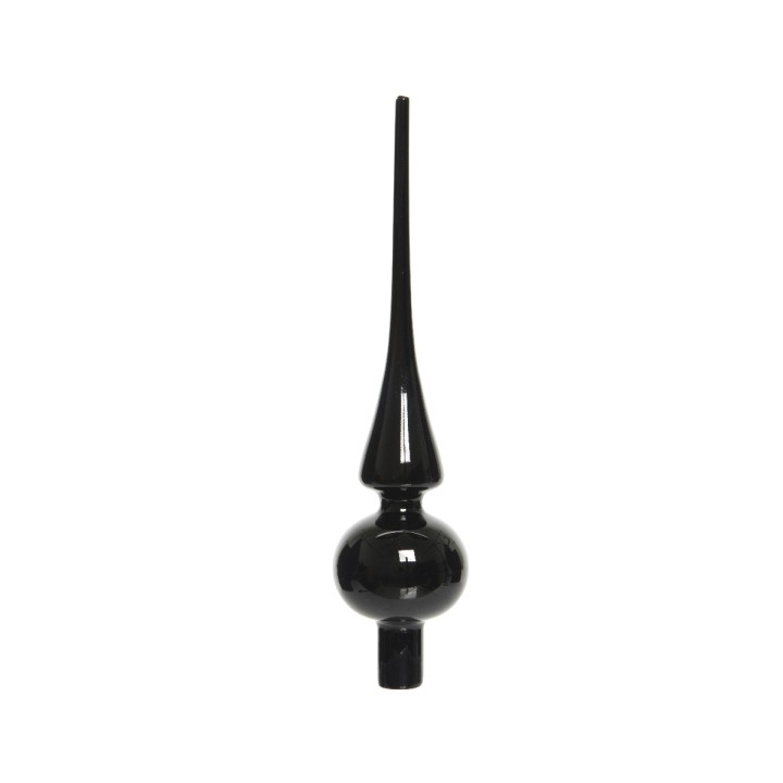 A sleek, elongated black sculpture with a bulbous base and a sharp pointed top.