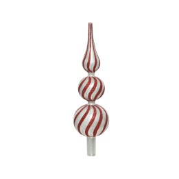 Ornement de Noël en forme de cône, rayé rouge et blanc, scintillant sous la lumière.