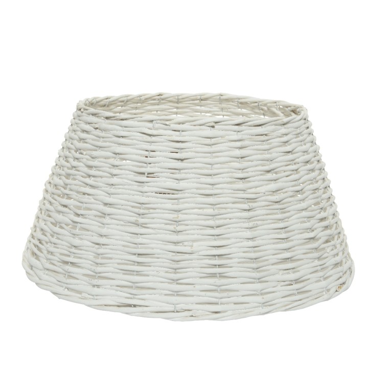 A wide, conical white wicker basket with a textured, woven surface.