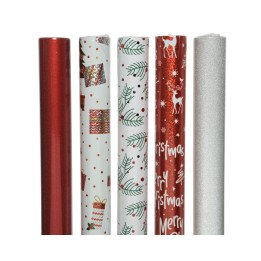 Rouleaux de papier cadeau aux motifs festifs, rouge et argenté, brillants et colorés.
