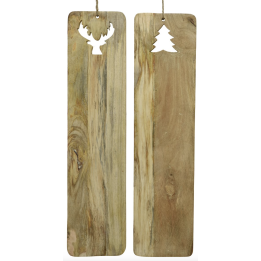 Two rustic wooden plaques, one with a moose silhouette and the other with a tree shape cutout.