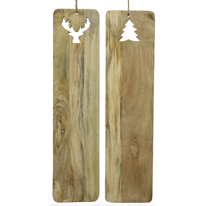 Two rustic wooden plaques, one with a moose silhouette and the other with a tree shape cutout.