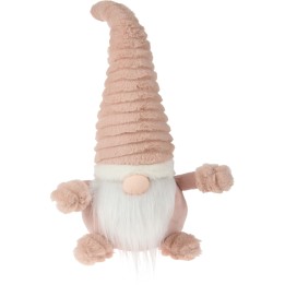 Zachte, pluche kabouter met een hoge, geribbelde hoed en een witte baard.