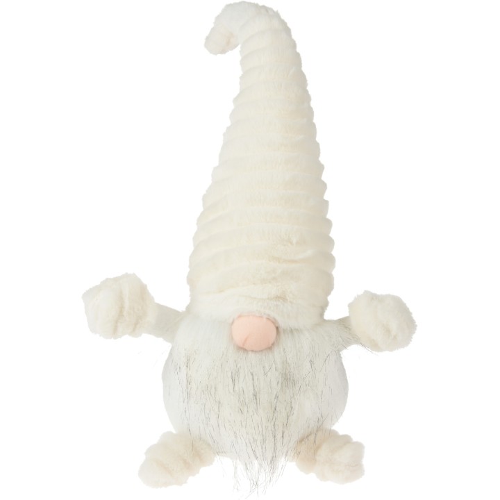 Een schattige, pluizige gnoom met een lange, witte puntmuts en een zachte neus.