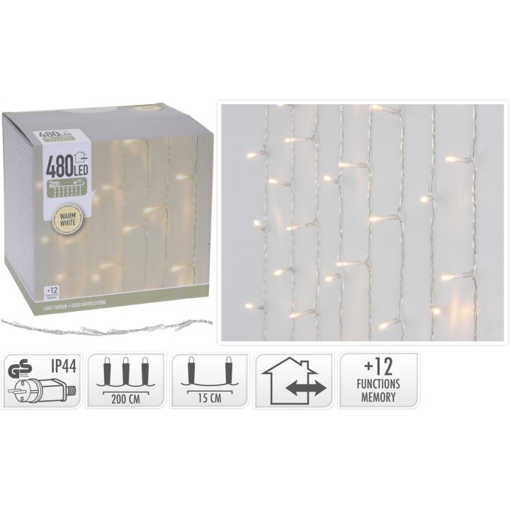 Lichtjesgordijn met 480 warme witte LED-lampjes op een zilveren draad, 200 cm lang.