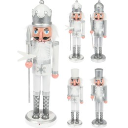 A collection of silver and white nutcracker figurines with distinct regal outfits and expressions.
