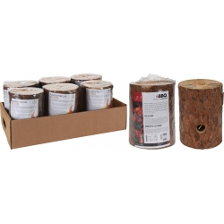 A box containing cylindrical log-shaped fire starters with bark-like texture.