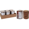 A box containing cylindrical log-shaped fire starters with bark-like texture.