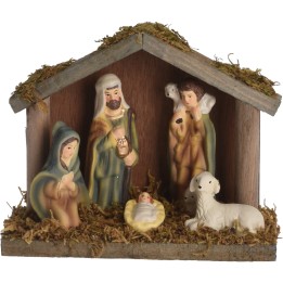 A serene nativity scene with figurines of Mary, Joseph, baby Jesus, and animals under a rustic sh...