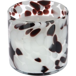 Vase en verre aux motifs organiques noirs et blancs, avec des touches de rouge.