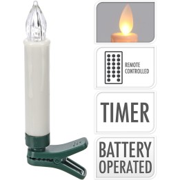 A white, battery-operated candle with a clip, featuring a flickering flame design.