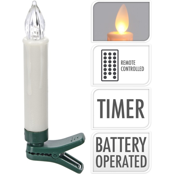 A white, battery-operated candle with a clip, featuring a flickering flame design.