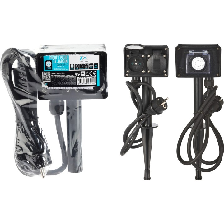A compact, dark device with a power cord and a spike for outdoor installation.