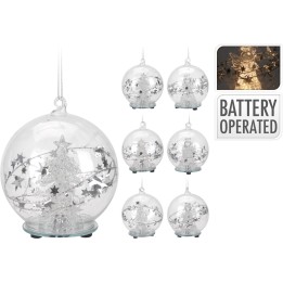 Boules transparentes avec décorations argentées et étoiles, illuminées par piles.