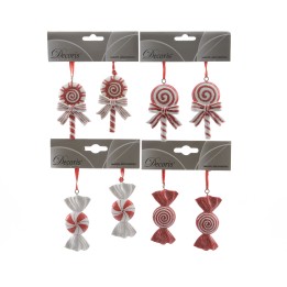 Colorful candy-themed ornaments in red and white, featuring swirls and bows.