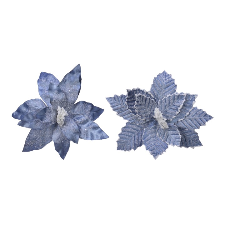 Two decorative flowers in shades of blue, with textured leaves and a soft, white center.