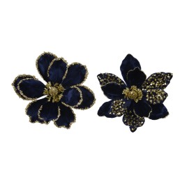 Two elegant fabric flowers in deep navy with gold accents and sparkling centers.