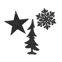 Three black holiday decorations: a star, a Christmas tree, and a snowflake, all intricately shaped.