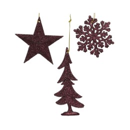 Ornements scintillants en forme d'étoile, flocon et sapin, dans des teintes bordeaux.
