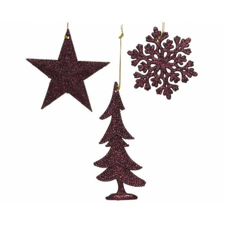 Assortment of 3 mahogany hanging decorations (snowflake, star and tree) 10.5cm