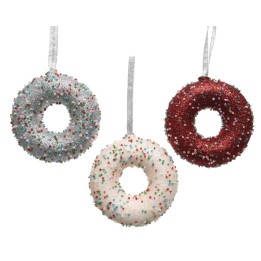 Drie feestelijke donuts met glitters en kleurrijke sprinkles, in zilver, wit en rood.