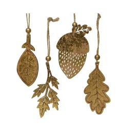 Four metallic ornaments shaped like leaves and an acorn, featuring intricate designs and a golden...