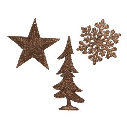 Three decorative ornaments: a star, a snowflake, and a Christmas tree, all in a metallic bronze f...