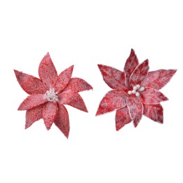 Two vibrant red felt flowers with textured petals and white bead accents.