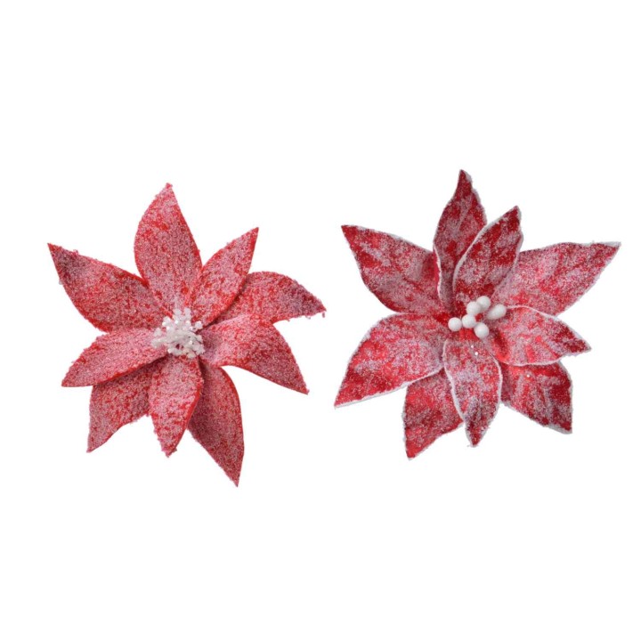Two vibrant red felt flowers with textured petals and white bead accents.