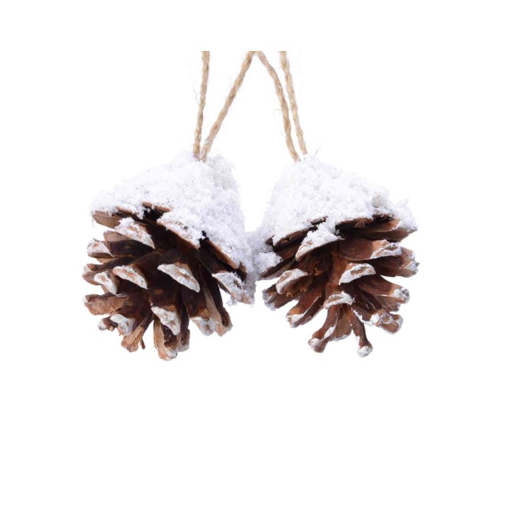 Twee dennenappels bedekt met sneeuw, hangend aan een touwtje tegen een witte achtergrond.