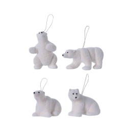 Quatre ours polaires en peluche blanche, aux formes variées, avec des fils pour suspendre.