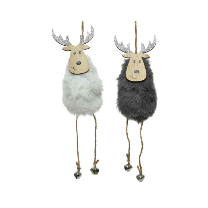 Twee schattige rendierfiguren van pluizig materiaal, één wit en één grijs, met houten koppen ...