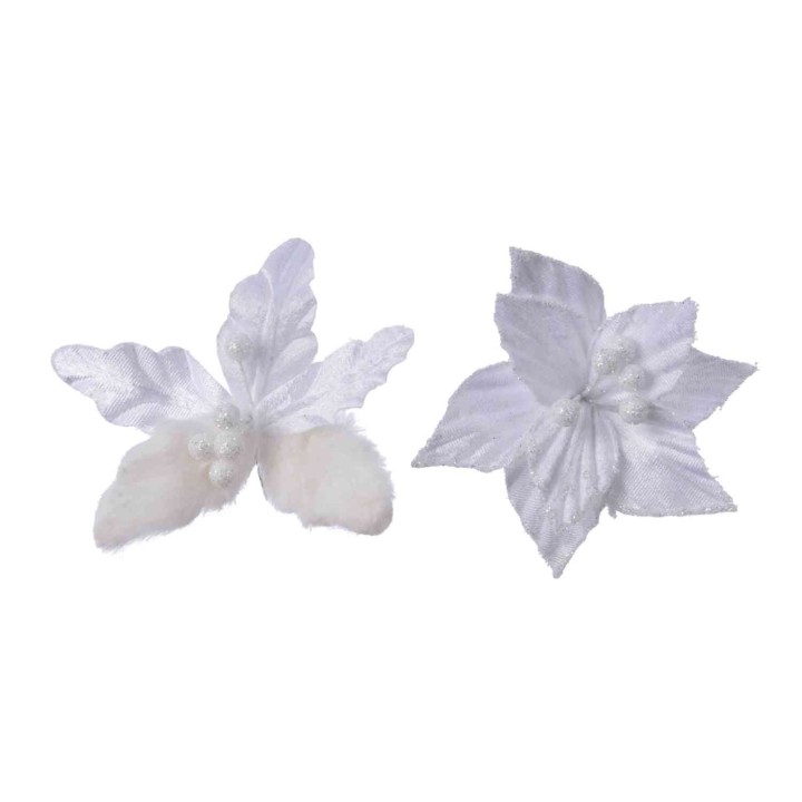Two delicate white fabric flowers with soft petals and subtle texture.