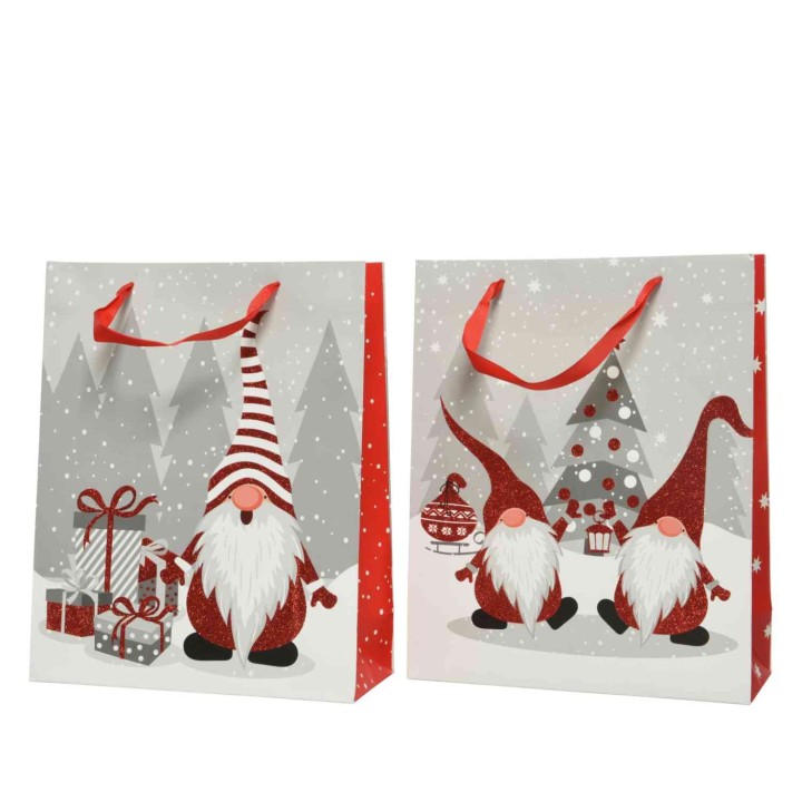 Kerstachtige tas met gnome-illustraties, rode en grijze tinten, sneeuwvlokken en cadeautjes.