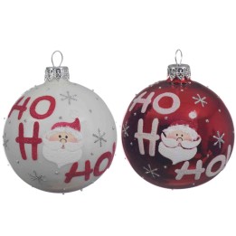 Two festive ornaments, one red and one white, featuring cheerful Santa faces and sparkling accents.