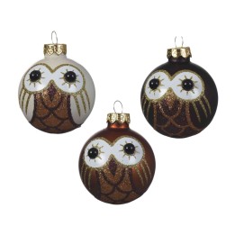 Boules de Noël en forme de hiboux, ornées de paillettes dorées et de grands yeux expressifs.