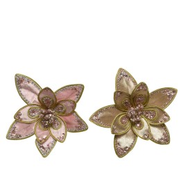 Two intricate flower brooches in soft pink and gold, adorned with shimmering beads.
