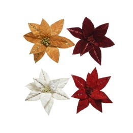 Four decorative fabric flowers in rich colors: gold, white, deep red, and burgundy.