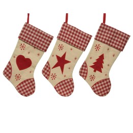 Three festive Christmas stockings with red patterns and shapes: heart, star, and tree.