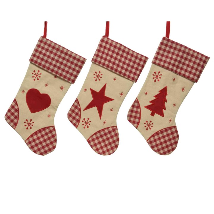 Three festive Christmas stockings with red patterns and shapes: heart, star, and tree.