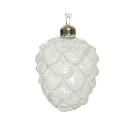 Transparante glazen kerstbal in dennenappelsvorm met glanzende, zilverkleurige afwerking.