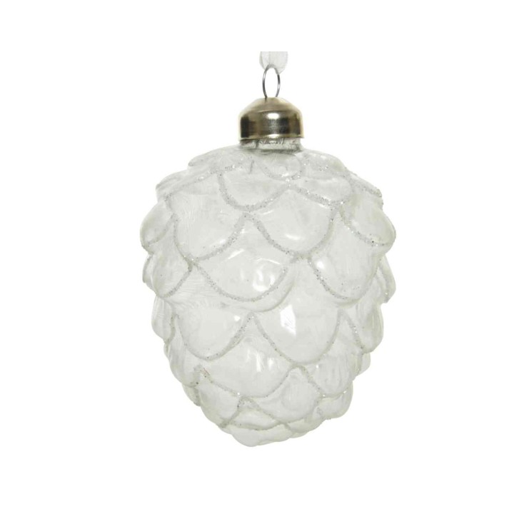 A clear glass ornament shaped like a pine cone with textured scales and a silver cap.