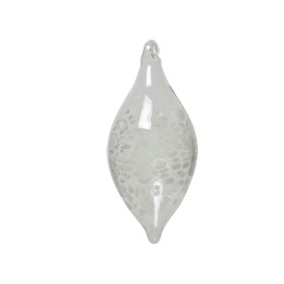 Doorzichtige, glazen ornament in een ovale, spitse vorm met subtiele, gematteerde details.