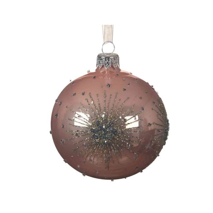 Glinsterende, rozenkleurige kerstbal met sprankelende zilveren en blauwe versieringen.